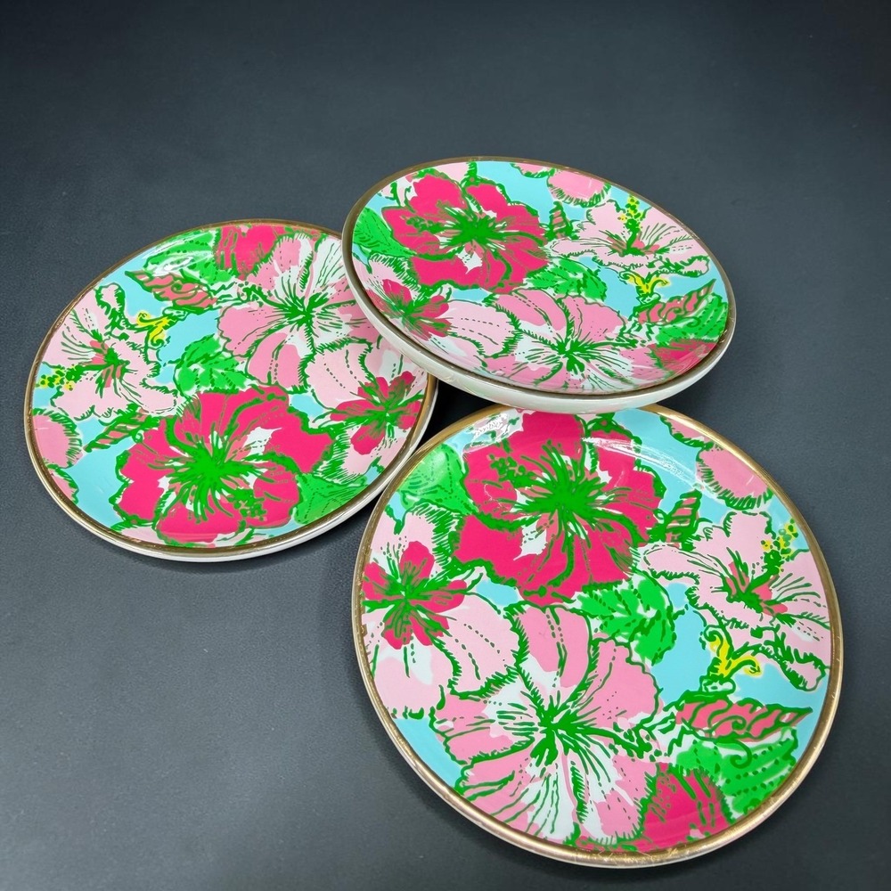 Lilly Pulitzer Ceramic Trinket Dish Set 3 Pink Green Hibiscus Floral Gold Rim
